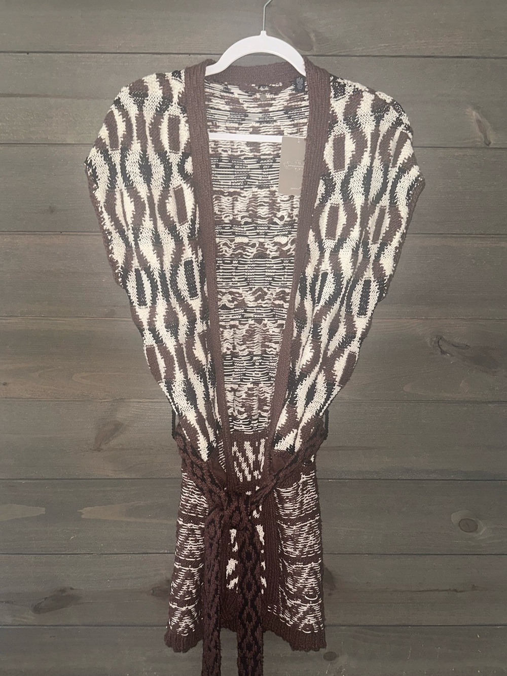 NWT ANTHROPOLOGIE Brown and Cream Open-Front Knit Cardigan Sweater Vest